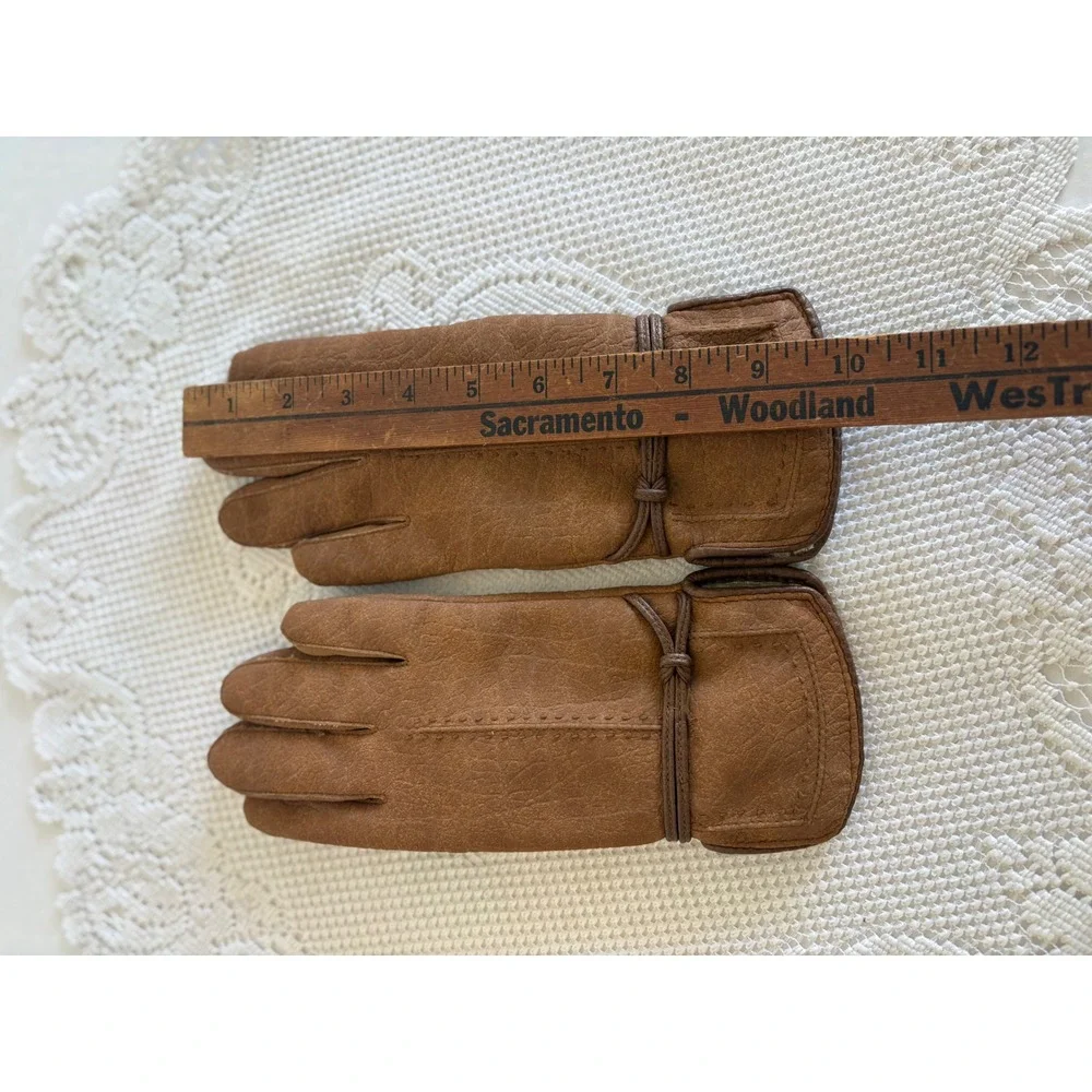 Vintage Tan Brown Leather Faux Shearling Lined Winter Gloves Women Small